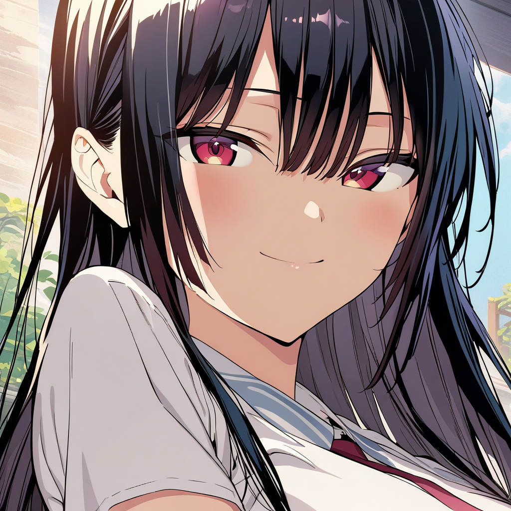 takamine_takane, long hair, black hair, red eyes, bangs, hair between eyes, large breasts, white shirt, red necktie, portrait, close up, anime coloring, smile, front view, <lora:XL-TakamineTakane:1>, (masterpiece),(best quality),(ultra-detailed),(best illustration),(best shadow),(absurdres),(detailed background),(very aesthetic),