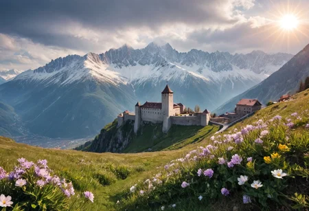 alpine landscape, gloomy old fortress on the slopes of the mountains, flowers and sun, snow-capped mountain peaks in the background, pastoral, detailed drawing, liner, backlight, delicate colors.