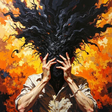 This painting portrays a figure in a moment of intense psychological or emotional distress, with hands pressed against their head, which dissolves into a chaotic, swirling black mass. The expressive, textural brushstrokes and fiery background create a sense of movement and turmoil, symbolizing the figure’s internal struggle. The sharp contrast between the dark, consuming blackness and the warm, explosive background adds to the intensity of the image, as if the figure’s anguish is erupting into the space around them. Through its expressive style, contrasting color palette, and surreal elements, the artwork powerfully conveys themes of mental anguish, emotional breakdown, and the consuming nature of inner chaos. The result is a haunting, visceral depiction of psychological struggle that invites viewers to confront the raw, unsettling nature of human despair.