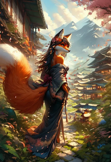 score_9_up,score_8_up,score_7_up,(masterpiece),(best quality),hyper detailed,perfect anatomy,anthro fox girl,foxfolk,dazzling,perfect face,
sexy,seductive,long hair,cleavage,black hair,print_kimono,furisode,orange furr,
wind_lift,dusk,outdoor,in spring,falling petals,cherry blossoms,looking_back,looking_at_viewer,dynamic_angle,