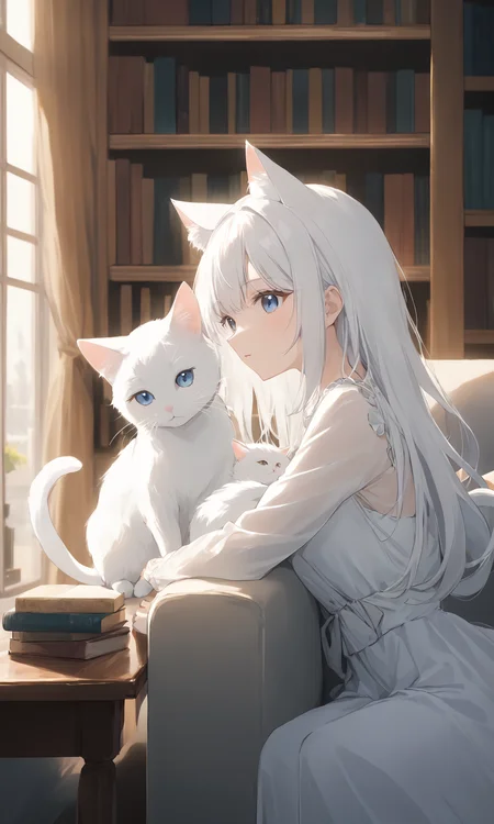 (masterpiece),(highest quality),highres,(an extremely delicate and beautiful),(extremely detailed),
a young girl with white hair and wearing a white dress sits on a couch, embracing a white cat, She has cat ears and a tail, showing her to be a feline creature like human, with a window letting in natural light and a bookshelf full of various books, Nearby, one can see a cup placed on a table,
depth of field, blurry foreground, blurry background