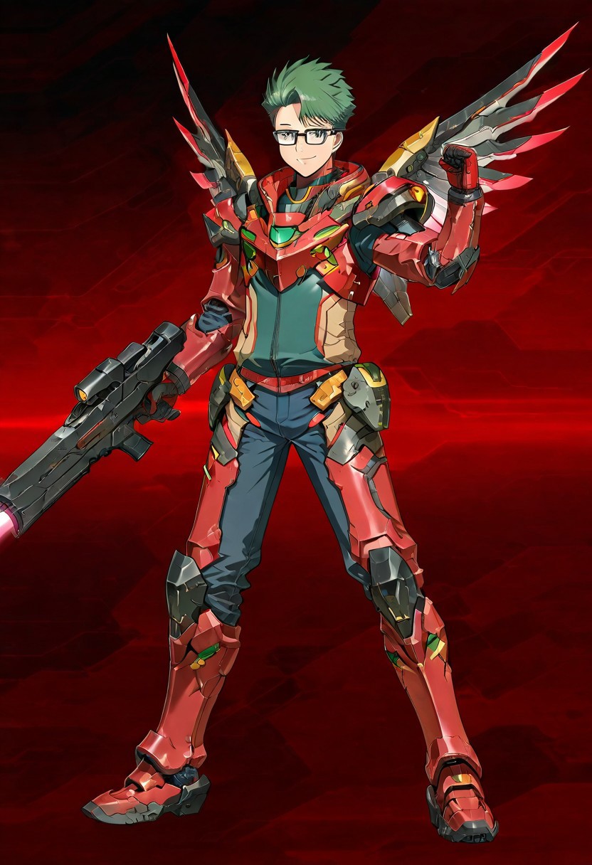 gb4_tao, green hair, short hair, grey eyes, 1boy, solo, male focus, glasses, lean body, wear mecha armor with eagle mecha wings, red mecha armor theme, fly toward the viewer, fight pose, high quality,  armaments equipped in the armor,  score_9, futuristic city in the background, BREAK, his right hand is holding beam rifle, high quality, best quality, masterpiece, detailed draw,detailed eyes, detailed face