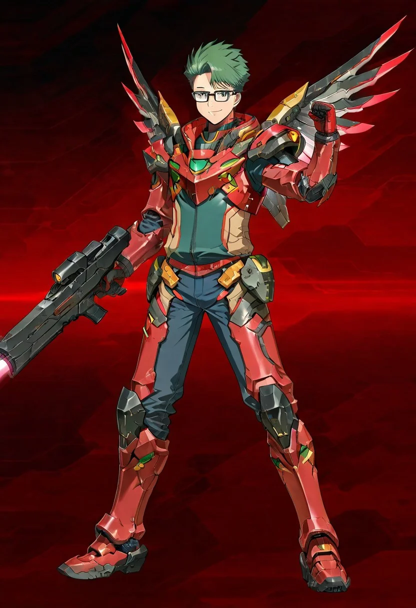gb4_tao, green hair, short hair, grey eyes, 1boy, solo, male focus, glasses, lean body, wear mecha armor with eagle mecha wings, red mecha armor theme, fly toward the viewer, fight pose, high quality, armaments equipped in the armor, score_9, futuristic city in the background, BREAK, his right hand is holding beam rifle, high quality, best quality, masterpiece, detailed draw,detailed eyes, detailed face