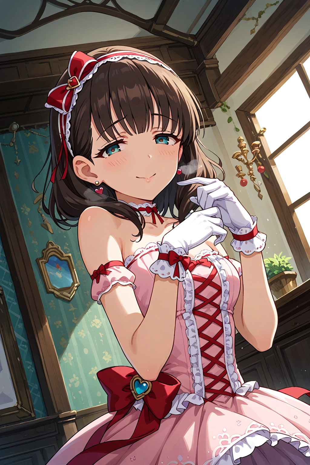score_9, score_8_up, score_7_up, source_anime,,beautiful color,amazing quality,rating_explicit , intricate details, anime screencap, official style,idolsakuma, 1girl, solo, dress, jewelry, gloves, earrings,ribbon, hairband, looking at viewer, pink dress,bare shoulders, bow, heart, white gloves, choker, red ribbon, hair ribbon,socks ,yandere,upper body ,dynamic angle,POV,close-up,seductive smile,embarrassed,breath,<lora:idolsakuma:1>