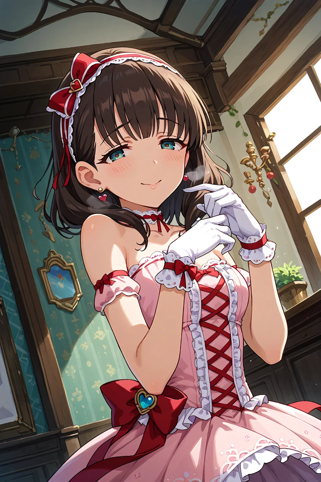 score_9, score_8_up, score_7_up, source_anime,,beautiful color,amazing quality,rating_explicit , intricate details, anime screencap, official style,idolsakuma, 1girl, solo, dress, jewelry, gloves, earrings,ribbon, hairband, looking at viewer, pink dress,bare shoulders, bow, heart, white gloves, choker, red ribbon, hair ribbon,socks ,yandere,upper body ,dynamic angle,POV,close-up,seductive smile,embarrassed,breath,<lora:idolsakuma:1>