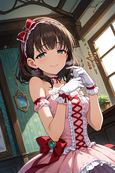 score_9, score_8_up, score_7_up, source_anime,,beautiful color,amazing quality,rating_explicit , intricate details, anime screencap, official style,idolsakuma, 1girl, solo, dress, jewelry, gloves, earrings,ribbon, hairband, looking at viewer, pink dress,bare shoulders, bow, heart, white gloves, choker, red ribbon, hair ribbon,socks ,yandere,upper body ,dynamic angle,POV,close-up,seductive smile,embarrassed,breath,<lora:idolsakuma:1>