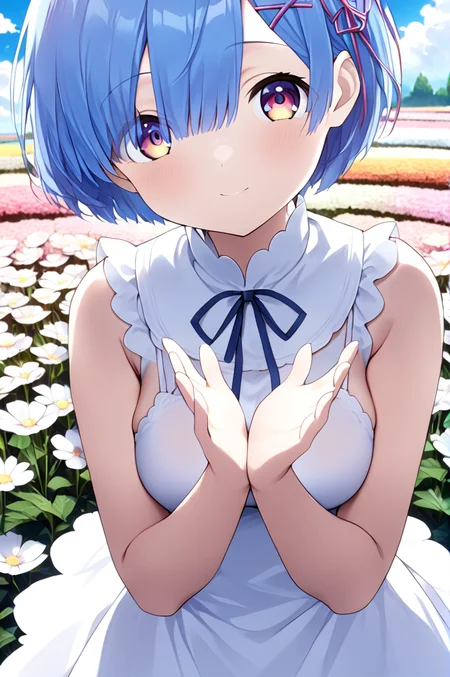 rem, 1girl, solo,petite, blue short bob, large breasts,close up,standing,looking at viewer,flowerhands,white dress, Make flower shape with both hands, open palms,incoming,upperbody,smile,cloud,flower park,wind,feather <lora:better skin typeB-v1:0.7> <lora:XDetail_light:1>masterpiece,best quality,source anime
 <lora:negativeXL_D:1> <lora:_sdxl-flowerhands:0.7>  <lora:rem rezero xl:0.7>