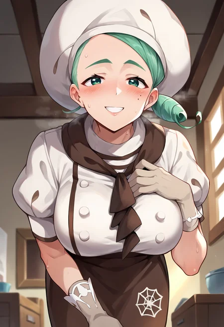 score_9, score_8_up, score_7_up, masterpiece, source_anime, 1girl, ct_k4ty, large breasts, brown shirt, puffy short sleeves, brown ascot, chef hat, brown apron, gloves,  depth of field, indoors,  house, looking at viewer,  leaning forward, smile, blush, sweat, smell, hand on chest, from below,<lora:Katy_Pokemon_Pony_ct:0.9>