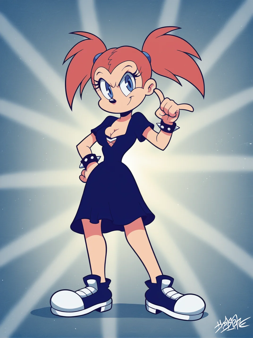 score_9,
1girl, dress, punk clothes, two-tone hair, blue eyes, short sleeves, cleavage, medium breasts, bracelet, tattoo, twintails, spikes, one hand on hips, one hand up,
,looking at viewer, (dynamic pose:1.1), full body, colorful background,
, RetroXL, toon \(style\), semi chibi, <lora:RetroToonXL_Style:1>