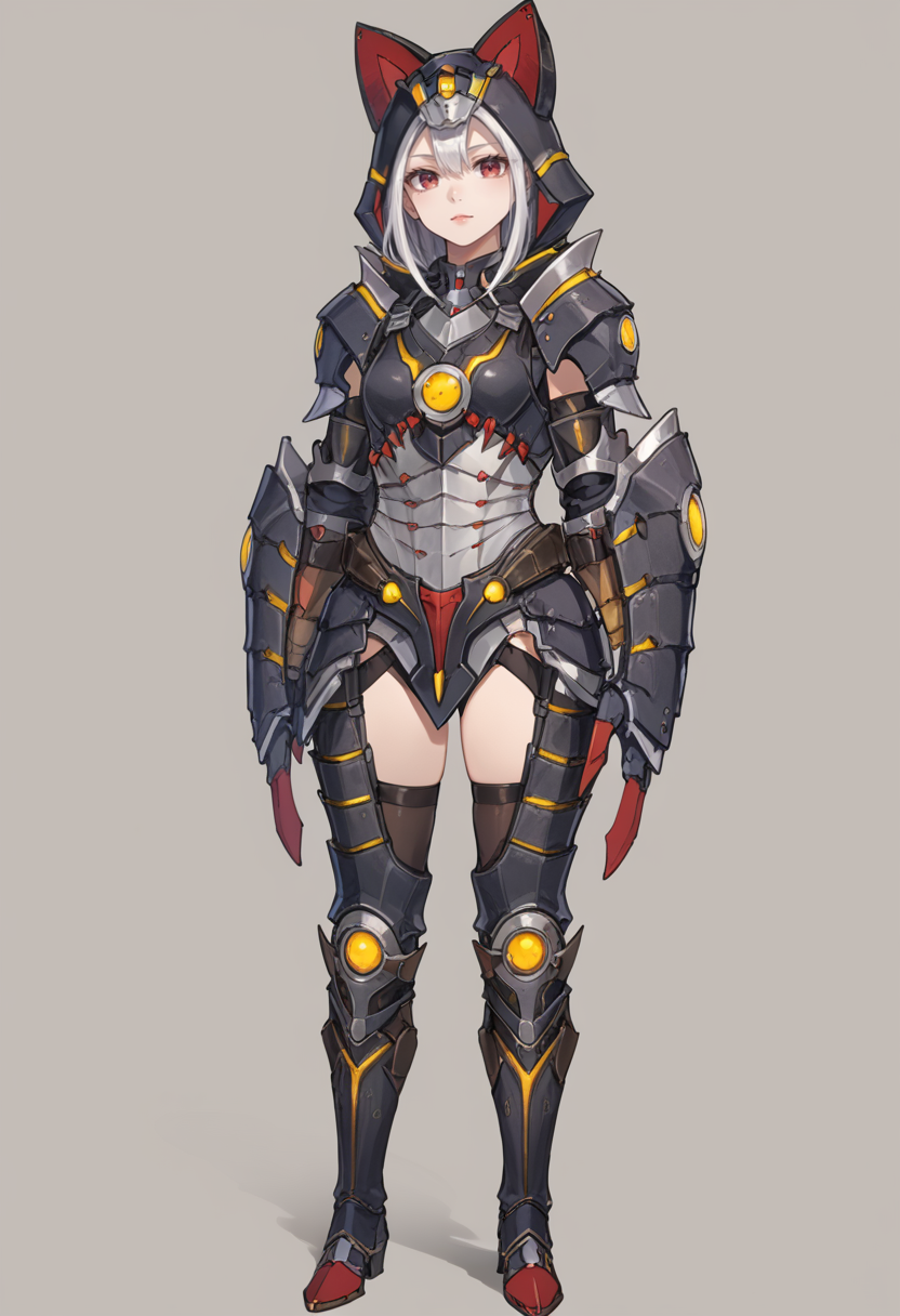 (score_9:0.9),score_8_up,score_7_up,rating_safe,anime style,(zPDXL),<lora:Almudron armor ponyXL v1:0.73>,solo, 1girl, full body, white background, simple background, standing, looking at viewer, red eyes, black gloves, black cat hood, white hair, almudron armor, black thigh armor, full armor, black knee boots, black claw gauntlets