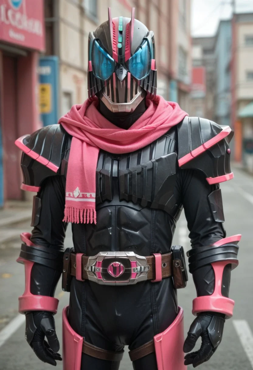 score_9, score_8, score_7, diend, solo, armor, tokusatsu, bodysuit, helmet, rider belt, devil, black armor, pink trim, pink scarf, black bodysuit, cyan eyes, dinosaur hood,