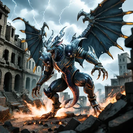 , score_9, score_8_up, score_7_up, rating_safe,solo,no humans,dragon,dorugoramon,horns,yellow eyes,wings,tail,claws,open mouth,teeth,roaring,motion lines,spread_wings,fighting stance,outdoors,buildings,ruins,rubble,cloudy,storm,yellow eyes.lightning,photo,realistic,cinematic,HDR,DLSR,film grain,85mm lens, shallow depth of field, highly detailed, cinematic composition,<lora:DORUgoramonPony:0.95>