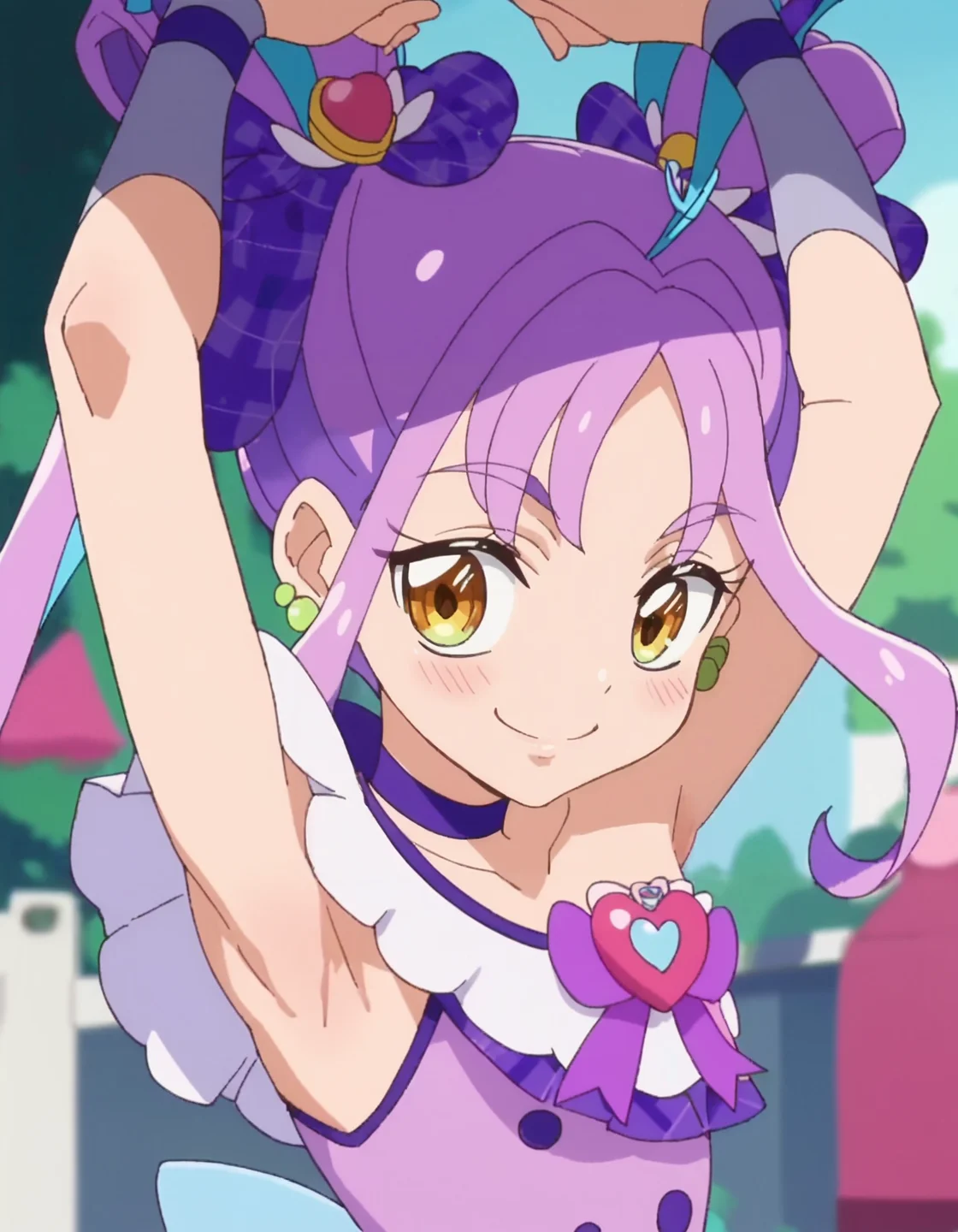 score_9, score_8_up, score_7_up, anime screencap,solo,1girl,curekyunkyun, purple choker, jewelry, dress, looking at viewer, magical girl, earrings, choker,dress, bow, wrist cuffs, hair ornament,small breasts,smile,blush,
armpit<lora:curekyunkuyn_pony:0.8>