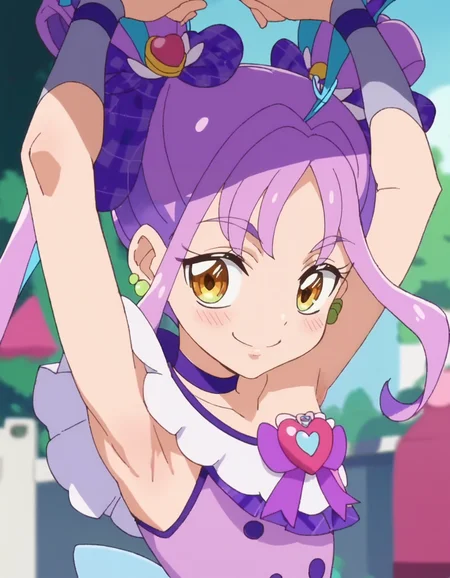 score_9, score_8_up, score_7_up, anime screencap,solo,1girl,curekyunkyun, purple choker, jewelry, dress, looking at viewer, magical girl, earrings, choker,dress, bow, wrist cuffs, hair ornament,small breasts,smile,blush,
armpit<lora:curekyunkuyn_pony:0.8>