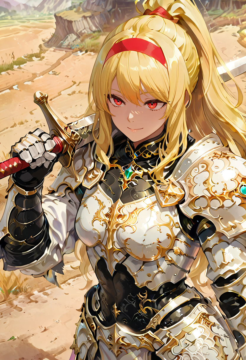 1girl, solo, anime coloring, anime artwork, unholy-aesthetic, masterpiece, best quality, newest, absurdres, highres, safe, CG, cinematic lighting, natural shadow, highest detail, detailed background, intricate scenery, depth of field, insane details, intricate, subsurface scattering, very aesthetic, serene atmosphere, artistic rendering, dramatic contrast, luminous elements, soft painterly texture, striking visual design, finely detailed face, beautiful face, <lora:kaelaIL:0.55> kaelaIL, long hair, red eyes, (yellow hair:1.5), red hairband,
dynamic angle, cinematic angle, from side,
1girl, solo, kind smile,
walking, meadow, twilight, road, dirt road,
<lora:hina_MixArmor_x215c:0.9> (fantasy armor, gauntlets, shoulder armor, bodysuit, fantasy white armor, ornate lace, extreme detailed ornate armor, diamond girdle, gemstone choker:1.5),
<lora:WidePonytailV3-IXL:1> wide high ponytail, long hair, wavy hair,
<lora:748cmSDXL:0.45> 748cmstyle,
<lora:ILLMythP0rtr4itStyle:0.7> mythp0rt,
<lora:sword-over-shoulder-illustriousxl-lora-nochekaiser:1> (sword over shoulder, weapon over shoulder:1.5), sword, grin