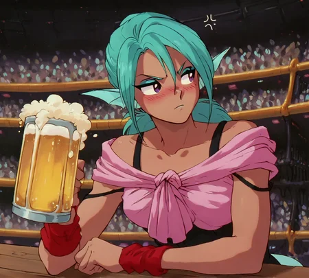 Juri, aqua hair, zPDXL, best quality, amazing quality, score 9, 1girl, beer, beer mug, unamused, annoyed, looking to the side, blush, restaurant, <lora:Juri:0.8>