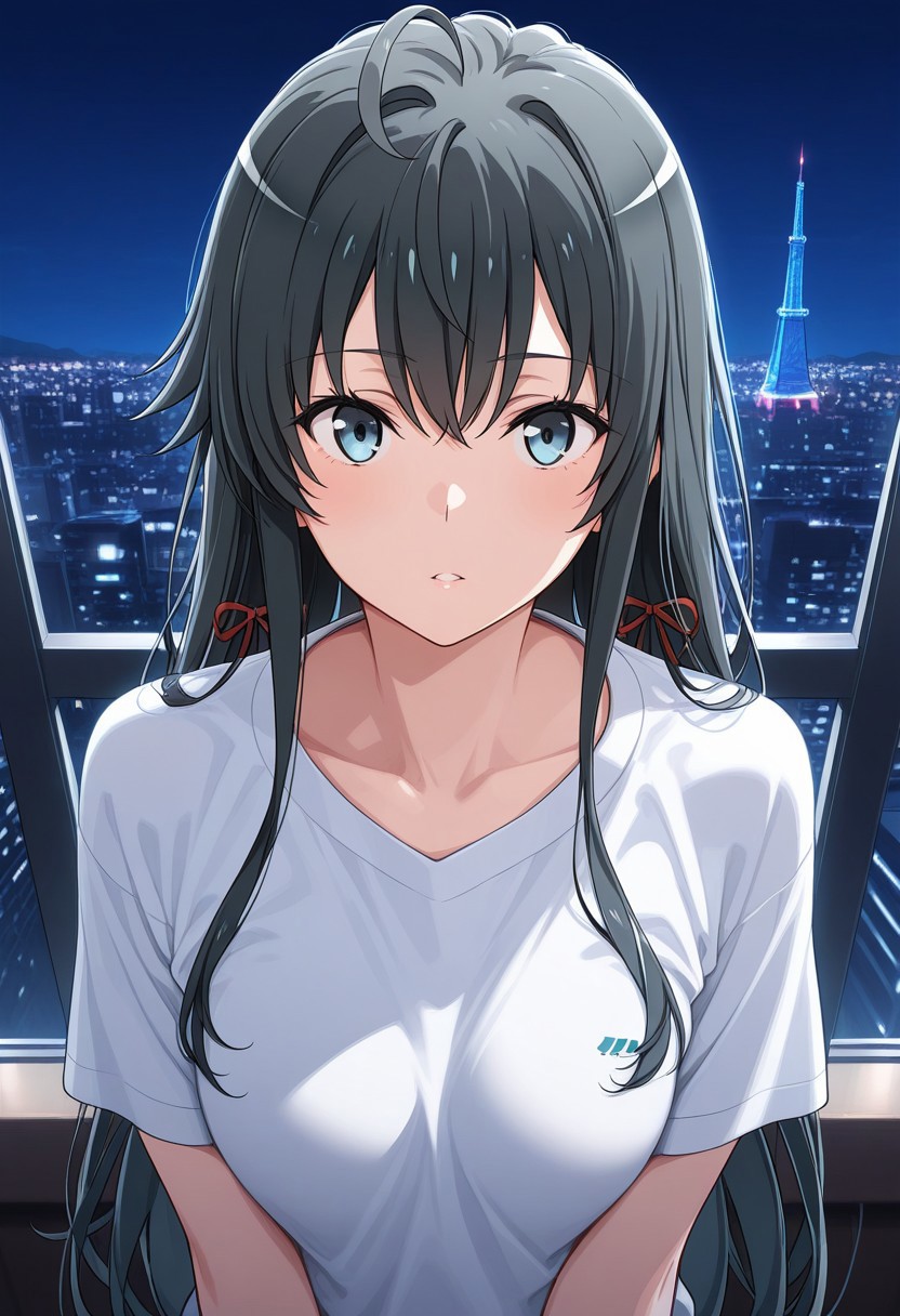 (Best quality , 8K , masterpiece) , Best illustration , Yukinoshita Yukino, 1girl, medium breasts, white t-shirts, ((looking for viewers)), tower, night