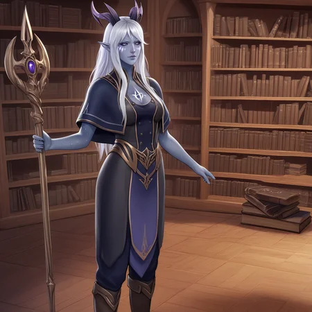 score_9, score_8_up, score_7_up, professional 3d render of aara, female, long hair, colored skin, grey skin, facial mark, horns, bangs, pointy ears, capelet, chest tattoo, side breasts, boobs, female body, belt, skirt, dress, boots, he's standing by a library, in an elven palace room, fantasy genre, bookshelves in the background <lora:Classic Fantasy:0.25> FANTASY, CLASSICFANTASY, CLASSICFANTASY ART, <lora:fantasy_world_pony:0.25> <lora:AaravosPonyLora:0.8> holding a staff