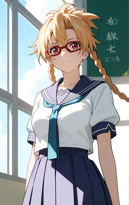 (score_9, score_8_up, score_7_up), standing, looking at viewer, closed mouth, light smile, tight clothes, close-up,
ohwx, 1girl, solo, school_uniform, glasses, braid, breasts, skirt, blonde_hair, red-framed_eyewear, pleated_skirt, large_breasts, serafuku, long_hair, blue_skirt, necktie, ponytail, sailor_collar,
<lora:furan_takaki_pony_ss:1>
window, sunlight, classroom,