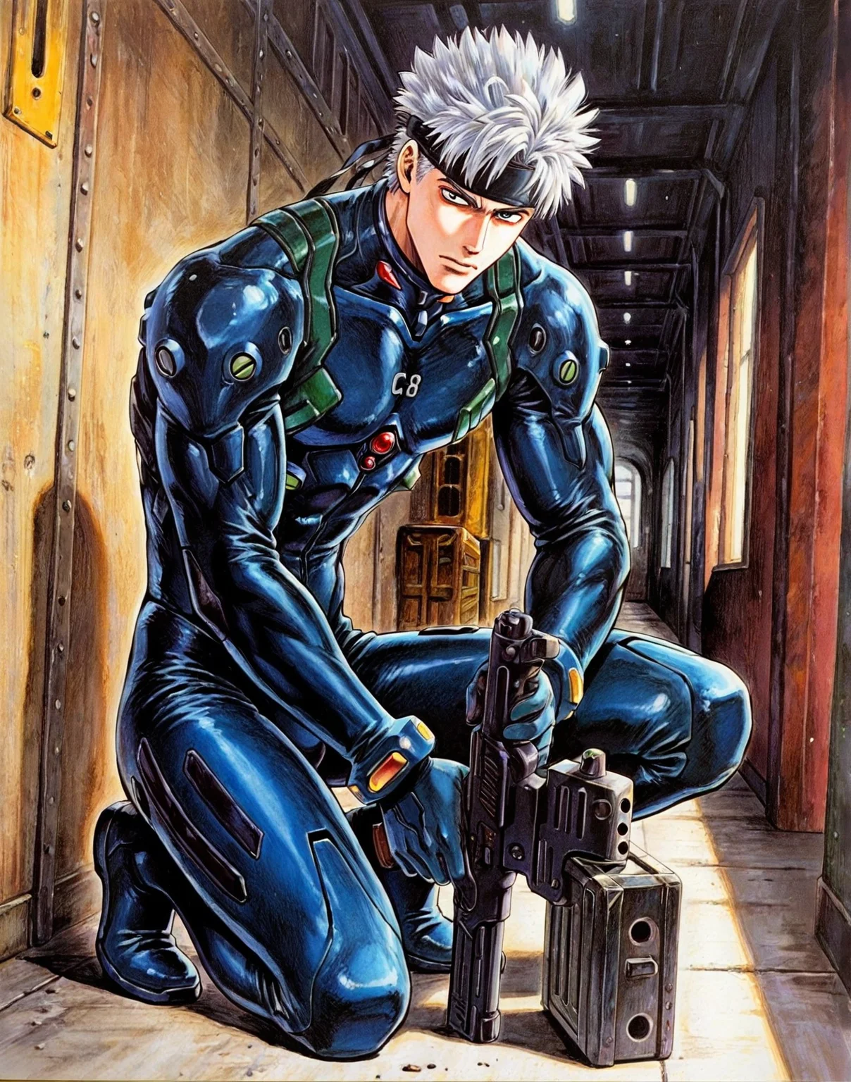 masterpiece, best quality, amazing quality, cyb88, traditional media, 1boy, solo, toned male, male focus, muscular, on one knee, black plugsuit, pouches, headband, white hair, short hair, holding gun, metal crates, hallway