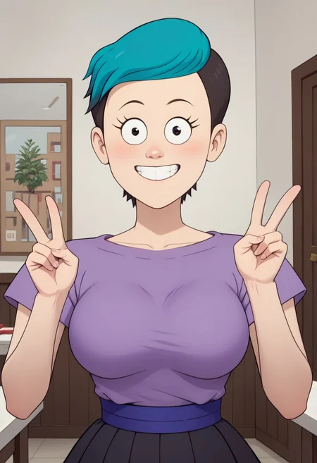 ((room background)),score_9, score_8_up, score_7_up,score_6_up,
1girl, solo, Celia_RS, light skin, black eyes, short hair, black hair shaved sides, hair teal fringe, purple t-shirt with a round neck, blue violet sash belt, black pleated skirt, long white socks, brown shoes, big eyes, tall stature, social smile, perfect eyes, perfect smile, looking at the viewer, detailed eyes, perfect eyes, standing, big breasts (front pose, bust shot, close up to face, face portrait:1) five fingers, perfect hands, hands sign peace