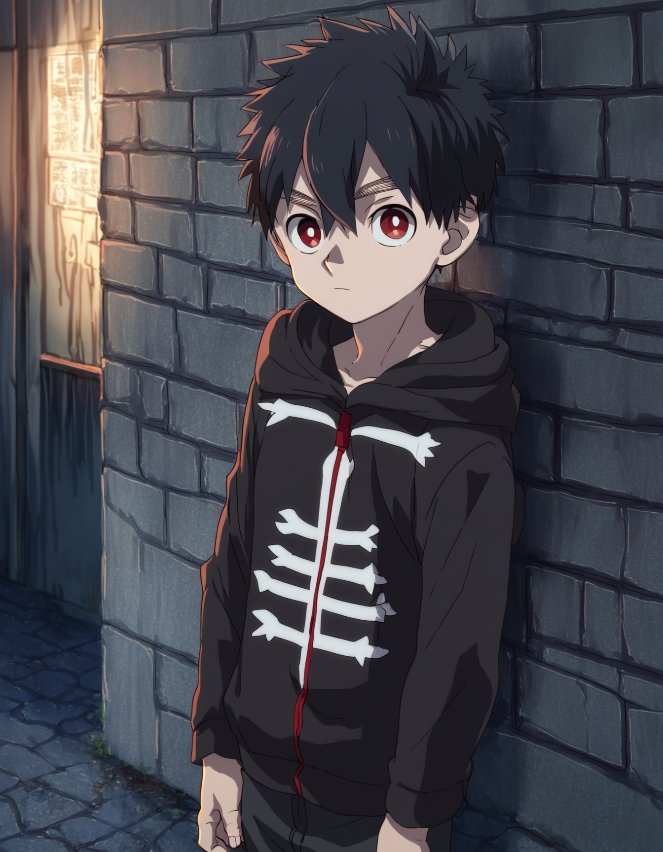 score_9, score_8_up, score_7_up, score_6_up, source_anime, outdoors, night, against wall, concrete wall, grafitti, 1boy, solo, kabane_kusaka, black hair, red eyes, looking at viewer, short hair, hair between eyes, black hoodie, standing <lora:kabane_kusaka_pony:0.7> <lora:a6_AMXL_v1g-ShoAI:1>