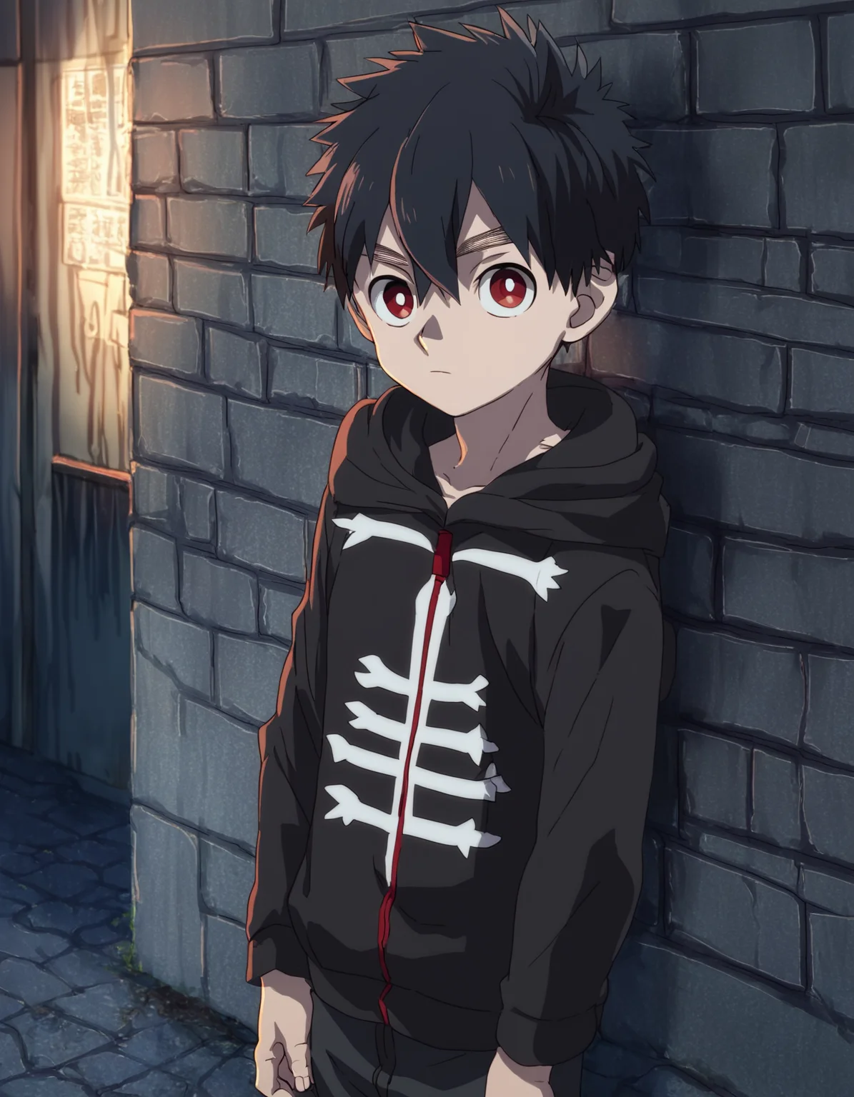 score_9, score_8_up, score_7_up, score_6_up, source_anime, outdoors, night, against wall, concrete wall, grafitti, 1boy, solo, kabane_kusaka, black hair, red eyes, looking at viewer, short hair, hair between eyes, black hoodie, standing <lora:kabane_kusaka_pony:0.7> <lora:a6_AMXL_v1g-ShoAI:1>