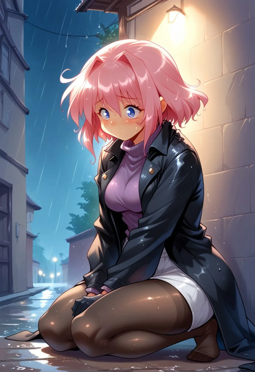 score_9, score_8_up, score_7_up, source_cartoon, solo, robot woman, black coat, purple turtleneck, black pantyhose, black gloves, (caught in the rain, on her knees, sad, wet:1.3), (indirect lighting, dynamic lighting:1.4), back alleyway, at night, (detailed image, high resolution, 5k resolution:1.0), (las lindas style), (anime Art Style:1.2)