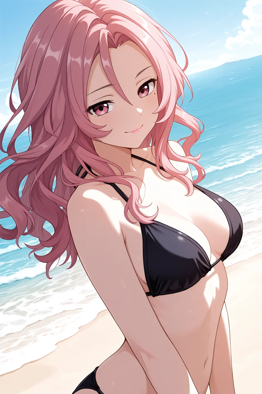 masterpiece, best quality, very aesthetic, serizawarenge, solo, outdoors, beach, day, pink hair, parted bangs with hair between eyes, wavy hair, long hair, pink eyes, mole under eye, medium breasts, black bikini, swimsuit, smile, closed mouth, :), pink lips, <lora:Serizawa-Renge:0.7>
