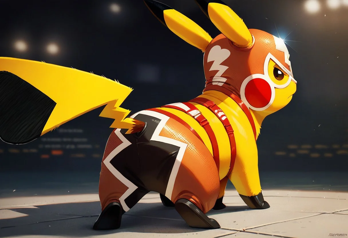 score_9, score_8_up, score_7_up, pikachu_libre, solo, looking at viewer, masterpiece, best quality, feral, back view, all fours