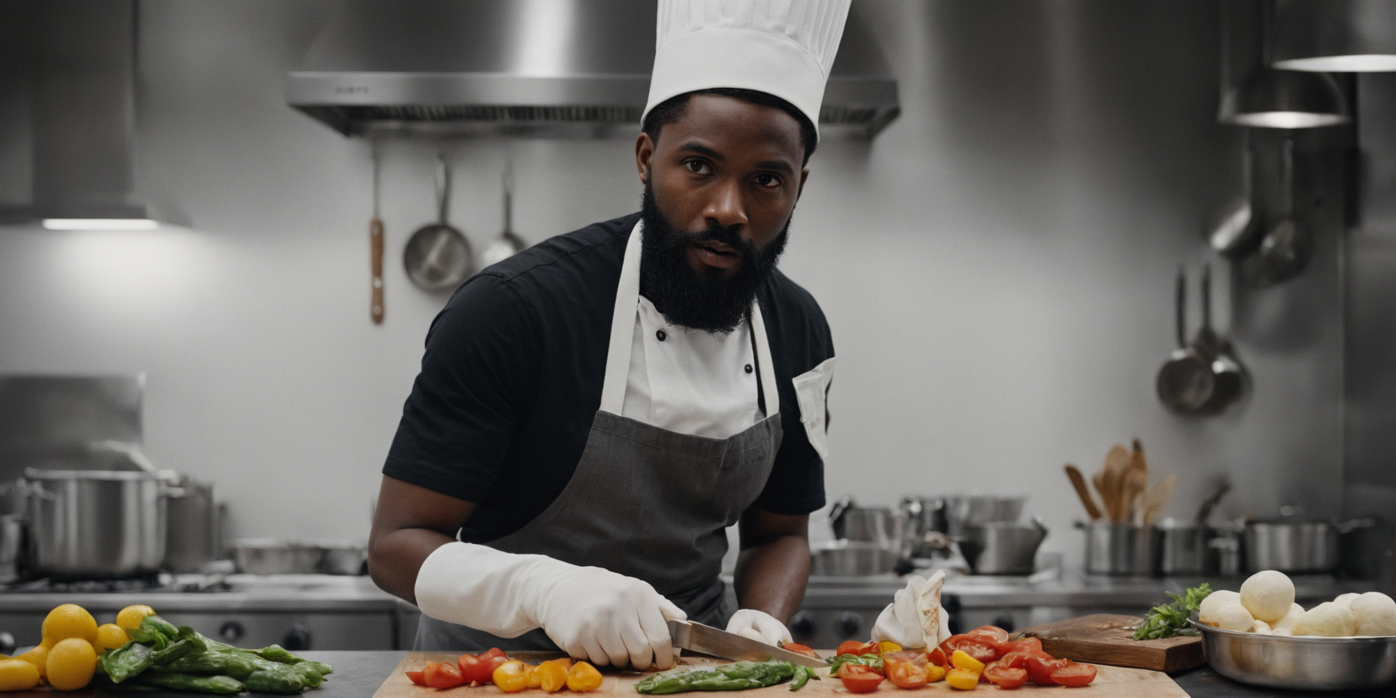 UHD, 4k, ultra detailed, cinematic, a photograph of  <lora:epic cinematic color style:1>
In "Neutral themed White color", a cinematic motion picture film of 1chef is preparing food in a commercial kitchen movie themed, sharp, detailed, epic cinematic color style, artistic creative color photography style, dramatic cinematic light style, cinematic dramatic color style, Kodak color film style, cinematic color motion picture film style, solo, gloves, 1boy, hat, holding, male focus, food, indoors, dark skin, apron, dark-skinned male, knife, kitchen, vegetable, facial hair, beard, holding knife, cooking, kitchen knife
, epic, beautiful lighting, inpsiring