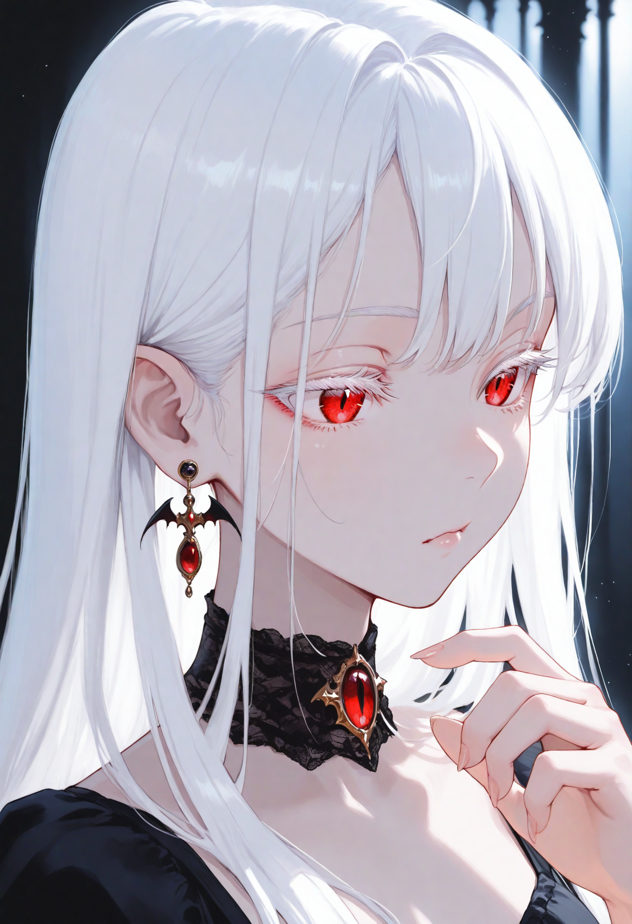 1girl, earrings, masterpiece, black collar, black dress, hand up, jewelry, white hair, long hair, portrait, colored eyelashes, backlighting, red eyes, vampire,