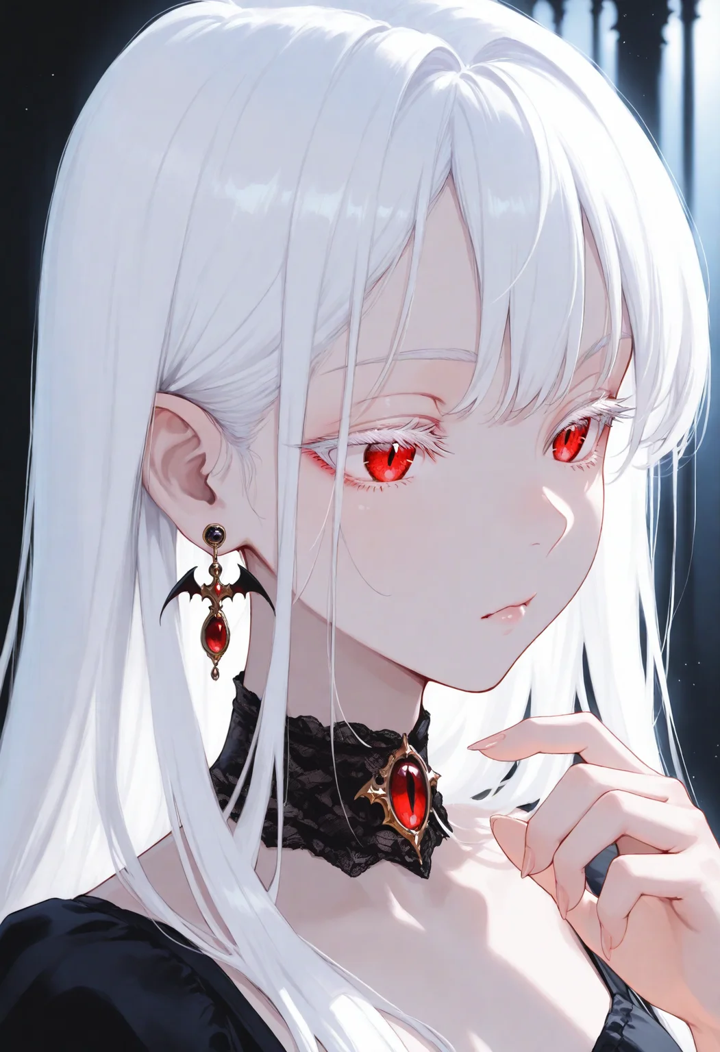 1girl, earrings, masterpiece, black collar, black dress, hand up, jewelry, white hair, long hair, portrait, colored eyelashes, backlighting, red eyes, vampire,