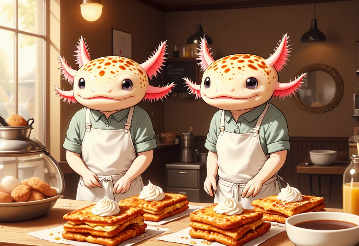 a studio ghibli anime film about anthropomorphized axolotls, axolotl baker, in a French toast cafe, preparing gourmet French toast, wearing a clean apron, display of delicious and creative French toast, the axolotls are clothed, the vibrant distinct style of studio ghibli shows the serene beauty of the scene, the food is meticulously drawn and extremely detailed and looks delicious, the axolotls have round black eyes and pink frilly gills