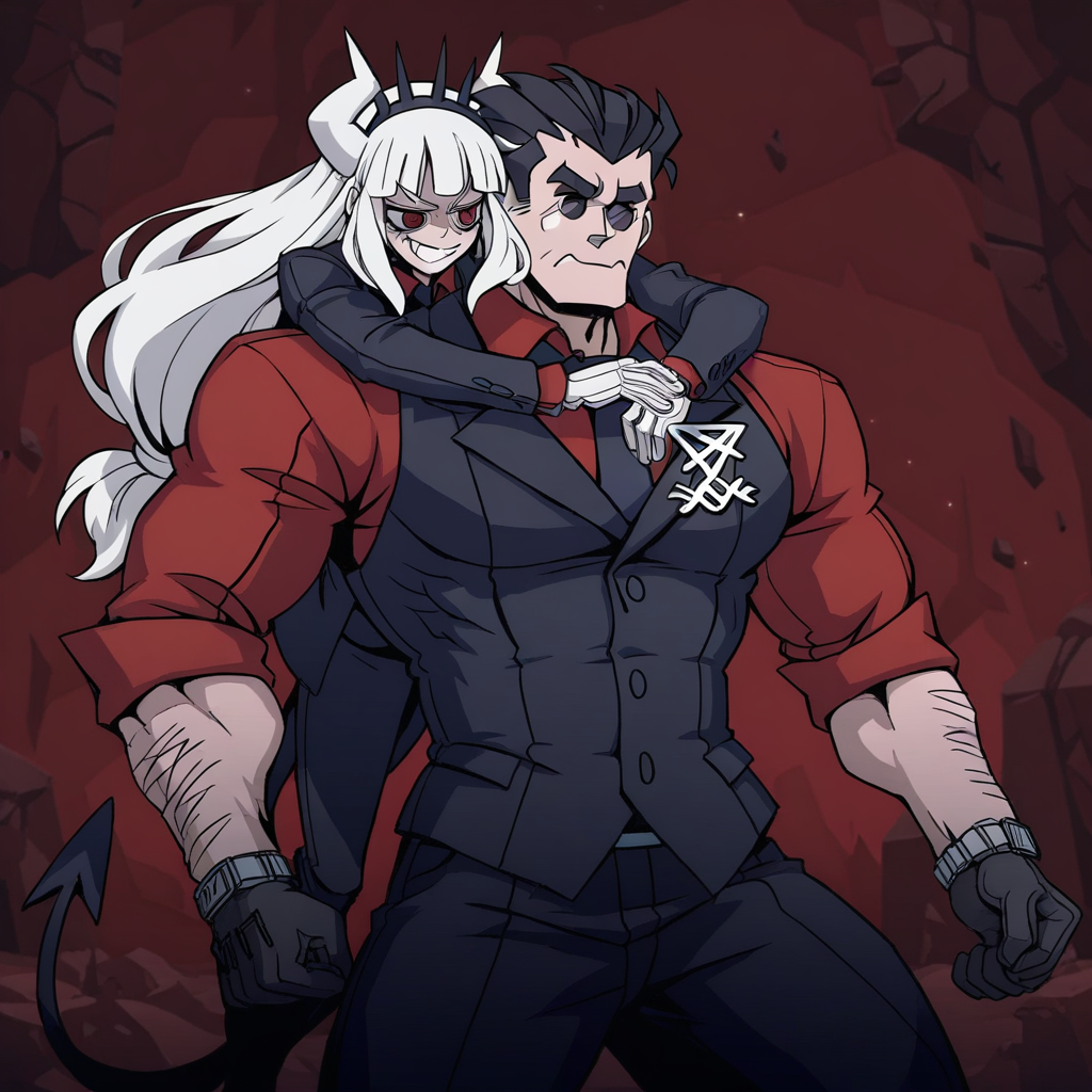 masterpiece, best quality, newest, absurdres, highres, anime, anime style, 1boy, helltaker (helltaker), black hair, short hair, muscular, muscular male, PRC-V1.0, piggyback, carrying, 1girl, lucifer (helltaker), black suit, red necktie, black collared shirt, black gloves, blunt bangs, demon horns, demon girl, demon tail, red eyes, white hair, long hair