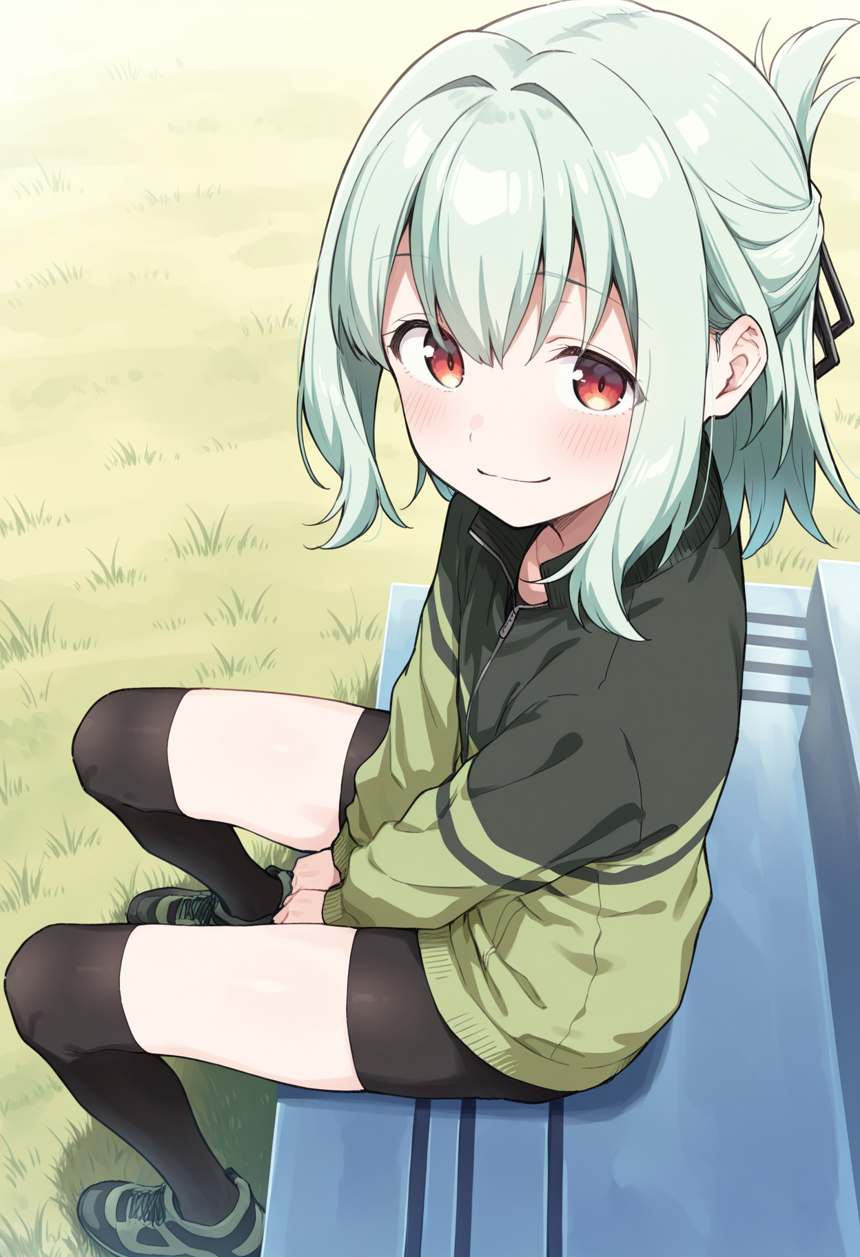 <lora:otoritanillustr:1>, 1boy, trap, side locks, medium hair, light green hair, red eyes, otoritan1,
green jacket, multicolored jacket, black bike shorts, black stockings, shoes,
solo, smile, looking at viewer, sitting, grass, blush, closed mouth, from above , side view,
masterpiece,best quality,amazing quality,