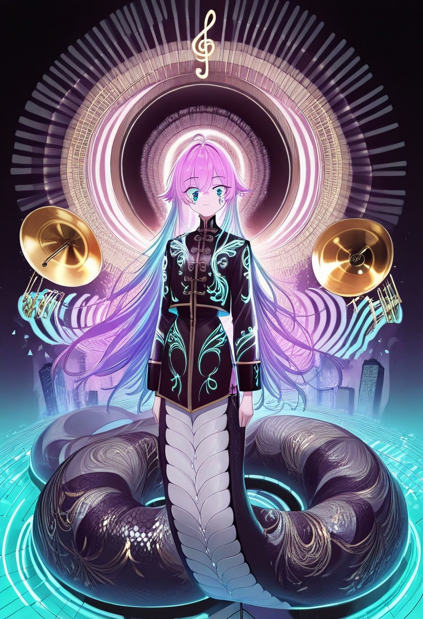 score_9, score_8_up, score_7_up, highly detailed, aesthetically stunning, intricate, luminous, amazing aesthetic, intricate details, Digital artwork, surreal style, high-quality, ultra-detailed, 8K resolution, visual masterpiece. Lamia girl, serpentine lower body forming treble clef, black and white scales with gold/silver accents. Abnormal face, cymbal-shaped cheeks, piano key eyes, turquoise and magenta glow. Modern outfit, musical note jacket, flowing scarf. Abstract musical dreamscape, floating music sheets, piano keys, swirling notes. Anthropomorphic instruments: saxophone with sunglasses, violin with bowtie, neon-edged drum set. Metronome skyscraper foreground, electric blue pendulum.
