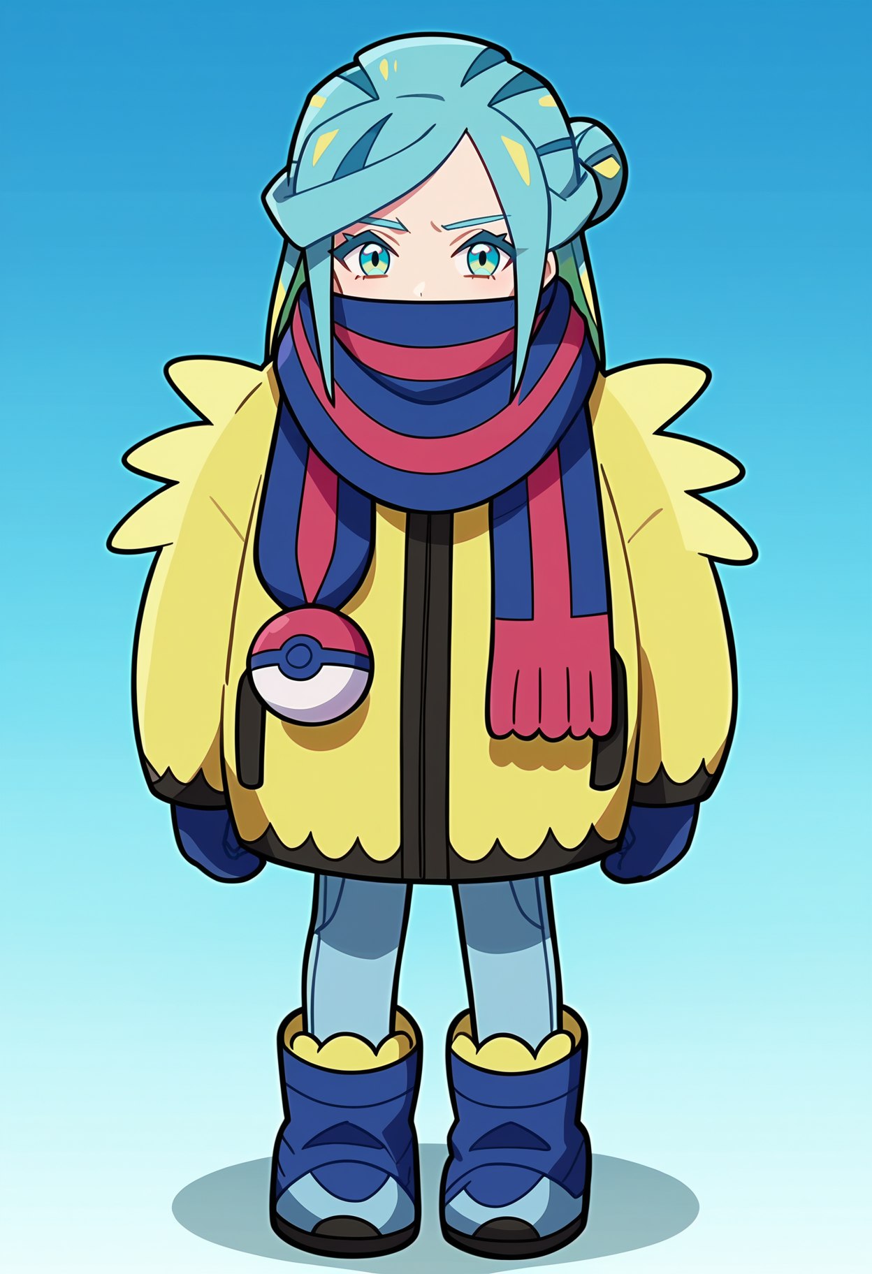score_9, score_8_up, <lora:PokeBoyGrushaXL_Exotica:1>, long hair, aqua eyes, eyelashes, blue hair, green hair, aqua hair, multicolored hair, hair bun, otoko no ko, flat chest, solo, poke ball print, spiky yellow jacket, blue and red striped scarf, light blue pants, scarf over mouth, covered mouth, standing, blue boots, blue mittens, full body, anime screencap, anime coloring, source_anime