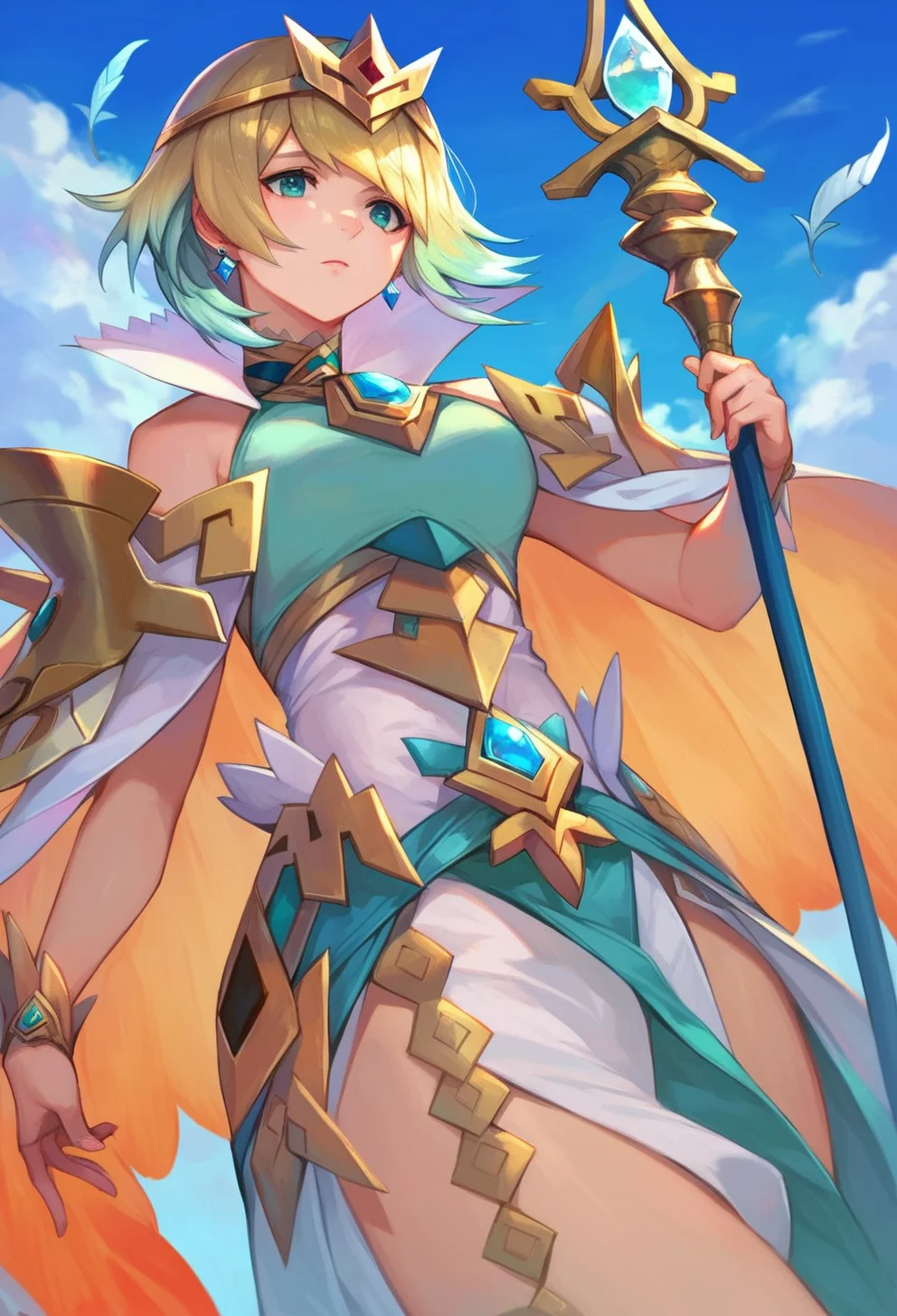 score_9, score_8_up, score_7_up, score_6_up, source anime, feh_seoreh_pnxl, fire emblem heroes,
fjorm, 1girl, holding spear, feather trim, solo, jewelry, blonde hair, earrings, multicolored hair, gradient hair, short hair, cowbow shot,
whorled clouds, blue sky
<lora:fire_emblem_heroes_pony:0.8>