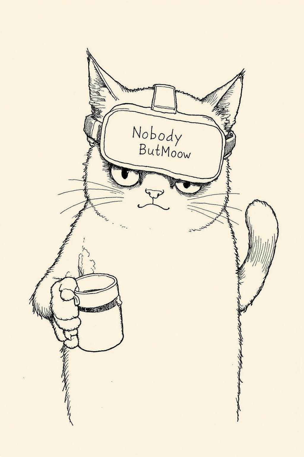 whrob1 illustration Grumpy Cat holding a coffee mug, wearing a VR Headset. The mug has the phrase "NobodyButMeow" printed. <lora:whrob1_cap_d6a3e11:1.0><lora:828481324617694195:0>