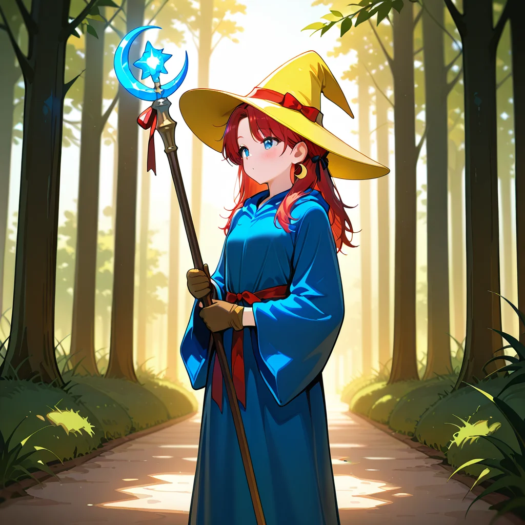 The Forest of Mirrors: A place where reality is distorted and nothing is as it seems,background light, masterpiece, best quality, amazing quality, newest, <lora:BlackMage_Costume_Illustrious:1>,Blackmage_cos,robe,hat,witch hat,wizard hat,yellow_headwear,dress,blue_dress,,robe,long sleeves,wicth,gloves,ribbon,holding_staff,staff,crescent,red bow