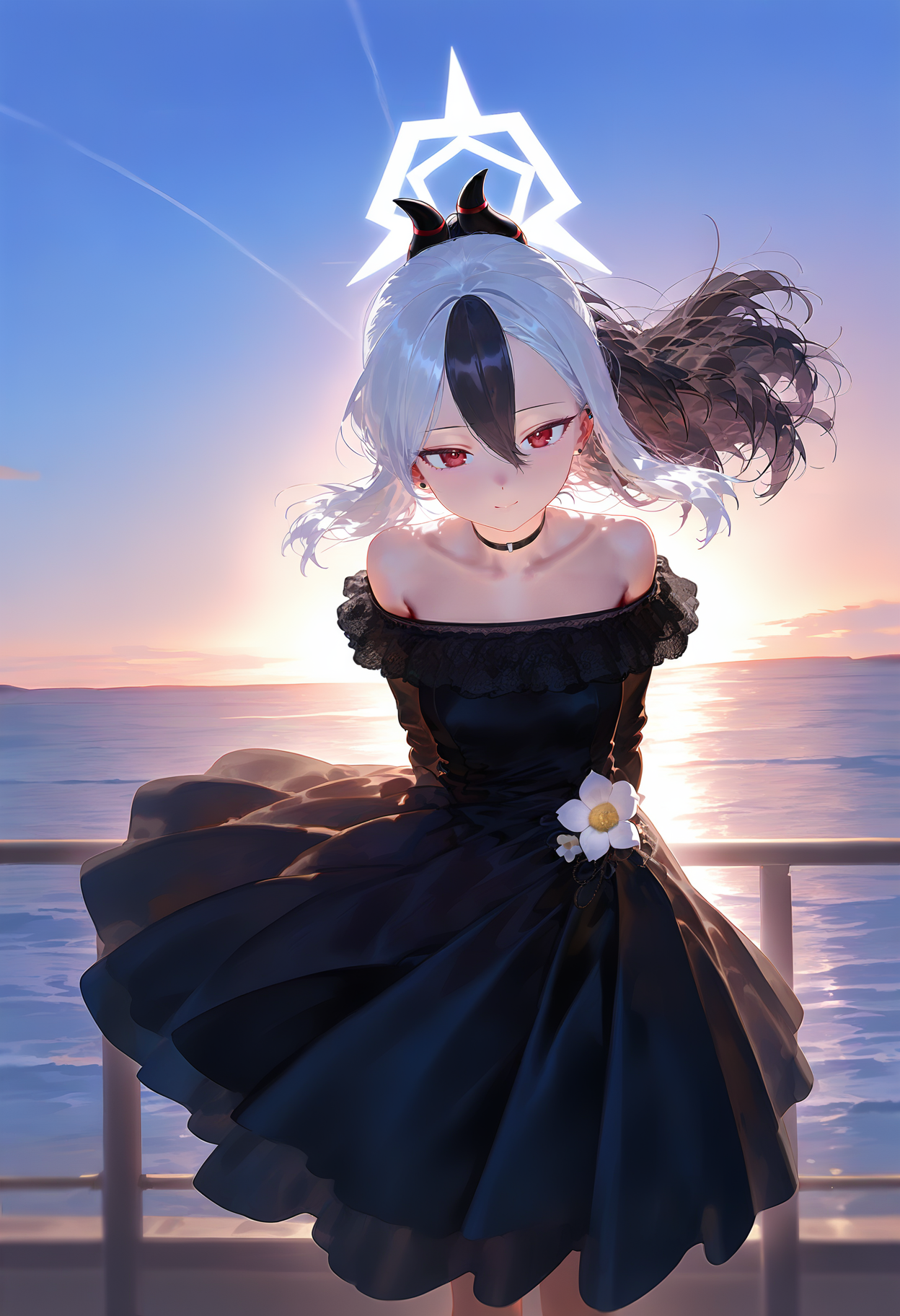 1girl, kayoko \(blue archive\), solo, dress, red eyes, horns, multicolored hair, black hair, white hair, flower, looking at viewer, choker, halo, two-tone hair, ponytail, arms behind back, black choker, hair between eyes, smile, off shoulder, bare shoulders, ocean, backlighting, bangs, outdoors, railing, black dress, white flower, collarbone, off-shoulder dress, long hair, demon horns, closed mouth, wind, feet out of frame, standing, floating hair, sunset, alternate costume <lora:nyaliaXL_NB11_lokr_V6311P:0.95>
