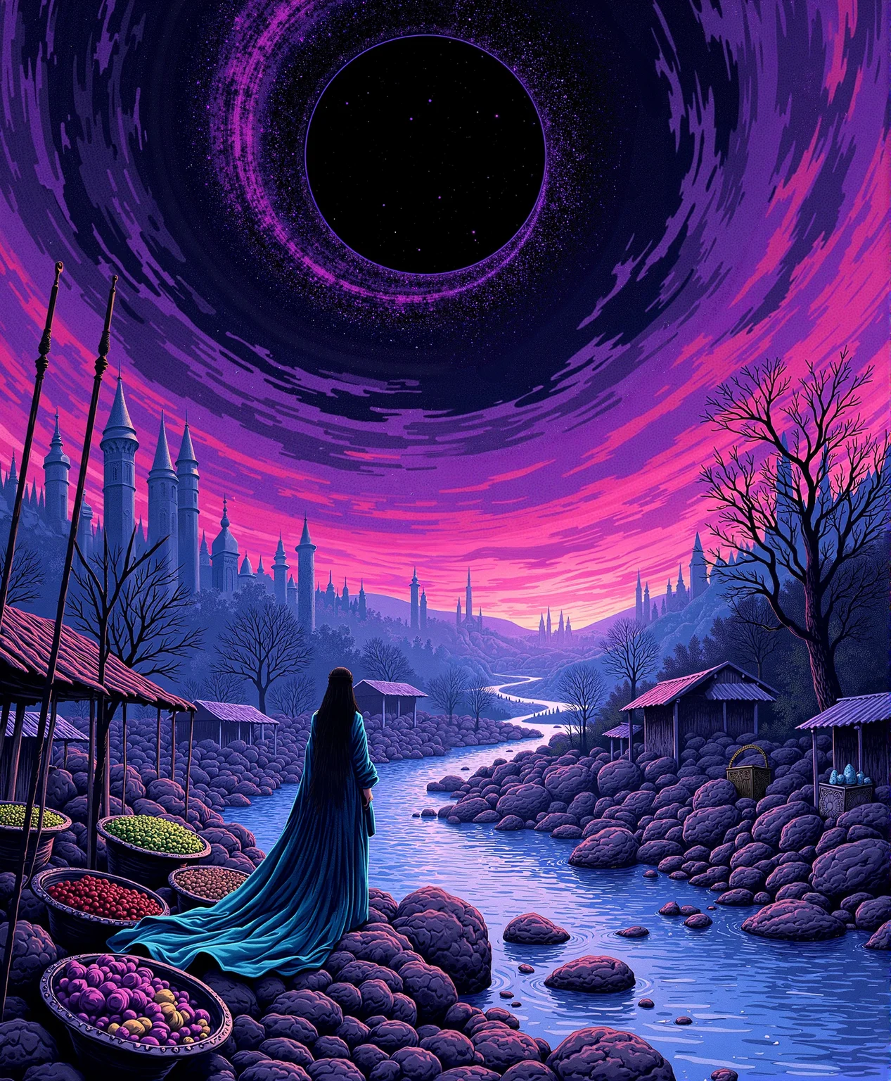 DB4RZ style painting, ancientstyle, ne0nfant4sy, iphone photo, A surreal, abstract digital landscape stretches before us, where a glitched market looms under a vast, purple and black sky. The medieval merchant lady stands at the market's edge, her teal and blue scales shimmering in the eerie glow. The market, fragmented and distorted, pulses with intricate dot and line patterns, casting hypnotic wavy shapes across the scene. Above, the void stretches endlessly, swirling with vivid, otherworldly hues that blend fluidly with the dark sky. The patterns and colors twist unnaturally, with vibrant psychedelic tones stark against the high-contrast, minimalistic background. Amidst this chaotic yet captivating scenery, the merchant lady gazes into the void, her figure framed by the surreal, flowing motion of the glitching world around her. The strange mix of the distorted market, the alien sky, and the tranquil yet eerie scene creates a visual both majestic and unsettling, where the familiar warps into the unknown in a mesmerizing display. (fluid motion: 2.5) (high contrast: 2.3) neon pulses cours masterpiece, best quality, 8k, intricate details, magnificent, celestial, ethereal, painterly, epic, majestic, magical, fantasy art, cover art, dreamy, in the style of umej1900