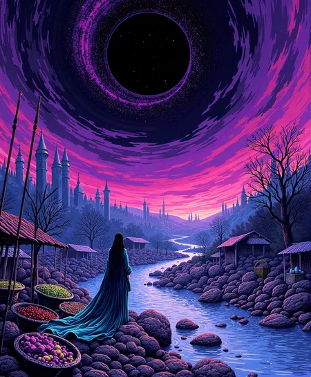 DB4RZ style painting, ancientstyle, ne0nfant4sy, iphone photo, A surreal, abstract digital landscape stretches before us, where a glitched market looms under a vast, purple and black sky. The medieval merchant lady stands at the market's edge, her teal and blue scales shimmering in the eerie glow. The market, fragmented and distorted, pulses with intricate dot and line patterns, casting hypnotic wavy shapes across the scene. Above, the void stretches endlessly, swirling with vivid, otherworldly hues that blend fluidly with the dark sky. The patterns and colors twist unnaturally, with vibrant psychedelic tones stark against the high-contrast, minimalistic background. Amidst this chaotic yet captivating scenery, the merchant lady gazes into the void, her figure framed by the surreal, flowing motion of the glitching world around her. The strange mix of the distorted market, the alien sky, and the tranquil yet eerie scene creates a visual both majestic and unsettling, where the familiar warps into the unknown in a mesmerizing display. (fluid motion: 2.5) (high contrast: 2.3) neon pulses cours masterpiece, best quality, 8k, intricate details, magnificent, celestial, ethereal, painterly, epic, majestic, magical, fantasy art, cover art, dreamy, in the style of umej1900