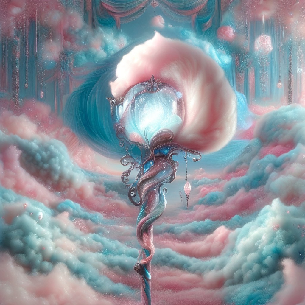 A surrealist close-up painting of a young elf, their lips cracked open as if split by time or thirst. From the cracked mouth, delicate strands of cotton candy begin to grow outward like flowering flesh. The elf's expression is calm, almost entranced, with pale, ethereal skin and glassy eyes. Background is abstract, hazy and dreamlike, resembling oil on canvas. Emphasize soft lighting, strange textures, and symbolism. Cotton candy is softly colored in pink and blue, floating unnaturally like a growing parasite.
Style tags: surrealism, close-up, oil painting, soft pastel, symbolism, hauntingly beautiful, dreamy textures, flesh and sugar, Dali-inspired