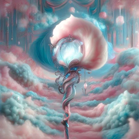 A surrealist close-up painting of a young elf, their lips cracked open as if split by time or thirst. From the cracked mouth, delicate strands of cotton candy begin to grow outward like flowering flesh. The elf's expression is calm, almost entranced, with pale, ethereal skin and glassy eyes. Background is abstract, hazy and dreamlike, resembling oil on canvas. Emphasize soft lighting, strange textures, and symbolism. Cotton candy is softly colored in pink and blue, floating unnaturally like a growing parasite.
Style tags: surrealism, close-up, oil painting, soft pastel, symbolism, hauntingly beautiful, dreamy textures, flesh and sugar, Dali-inspired