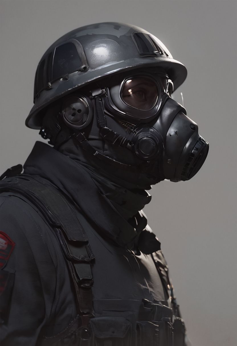 score_9, score_8_up, score_8_up, Soldier, Gas mask, grimdark, grey soldier helmet, metal breastplate, grey uniform, black uniform