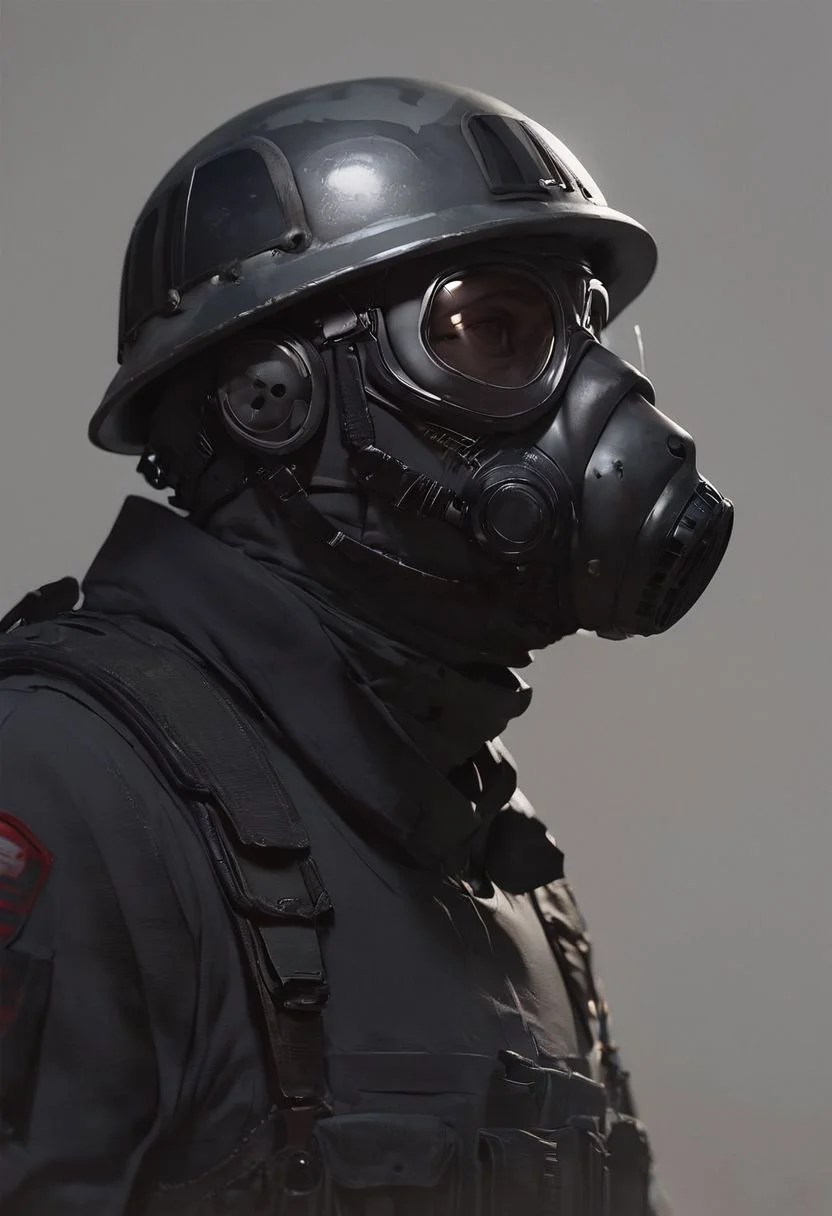 score_9, score_8_up, score_8_up, Soldier, Gas mask, grimdark, grey soldier helmet, metal breastplate, grey uniform, black uniform