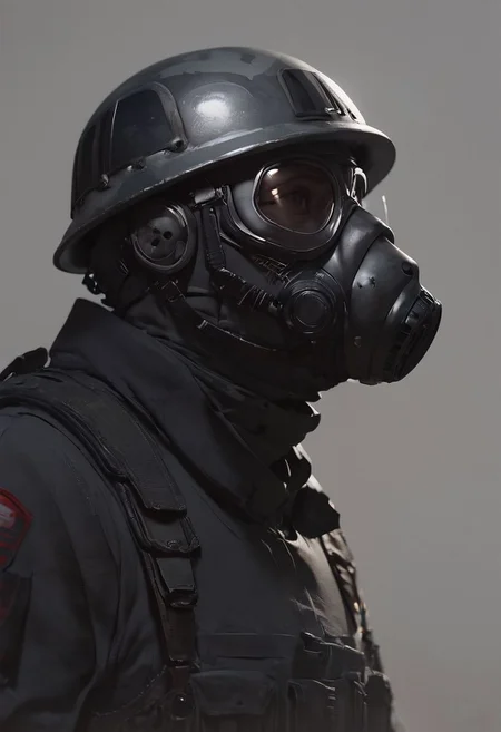 score_9, score_8_up, score_8_up, Soldier, Gas mask, grimdark, grey soldier helmet, metal breastplate, grey uniform, black uniform