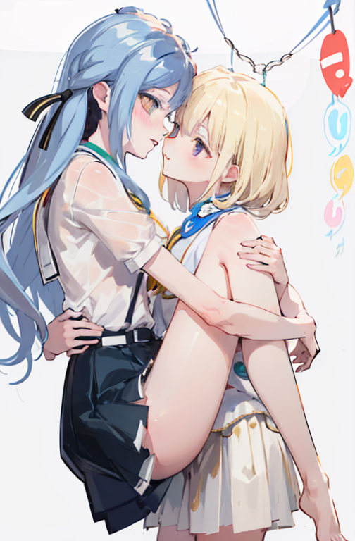 (suspended congress:2),best quality,masterpiece,absurdres,2girls,yuri,from side,facing another,
looking at another,hug,bare legs,PIXIV,<lora:style-ç¾åè±å¼yuri Lora:0.5:lbw=0,0,0,0,0,0,1,1,0,0,0,0,0,0,0,0,0>,
(blush:1.1),
ADDCOMM,
leg clamping,leg fold,thighs lift,(thighs raise up:1),
<lora:char-mygo_ä¸°å·ç¥¥å­togawa_sakiko_bangdreamitsmygo:0.7:lbw=0,0,0,0,0,0,0,0,1,1,1,1,0,0,0,0,0>,togawa_sakiko_bangdreamitsmygo,äºº-mygo-mygo_ä¸°å·ç¥¥å­togawa_sakiko_bangdreamitsmygo,embarrass,parted lips,shy,
yellow eyes,(black_ribbon:1.1),light blue hair,(ribbon:1.1),(hair_ribbon:1.1),long_hair,bangs,sidelocks,short socks,black loafers,miniskirt,frilled shirt,flat chest,
ADDCOL,
standing,
<lora:char-mygoä¸è§åè¯ Misumi Uika (Bang dream! Ave Mujica):0.7:lbw=1,0,0,0,0,0,0,0,1,1,0,0,0,0,0,0,0>,
misumi uika,bright blonde hair,purple eyes,elder sister,
shorter hair,white shirt,dark yellow skirt,short sleeves,bare shoulders,flat chest,